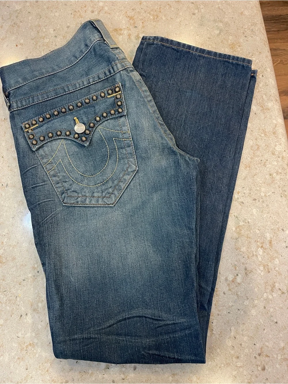 True Religion Men's Bootcut Jeans in Washed Blue with Stud Detail